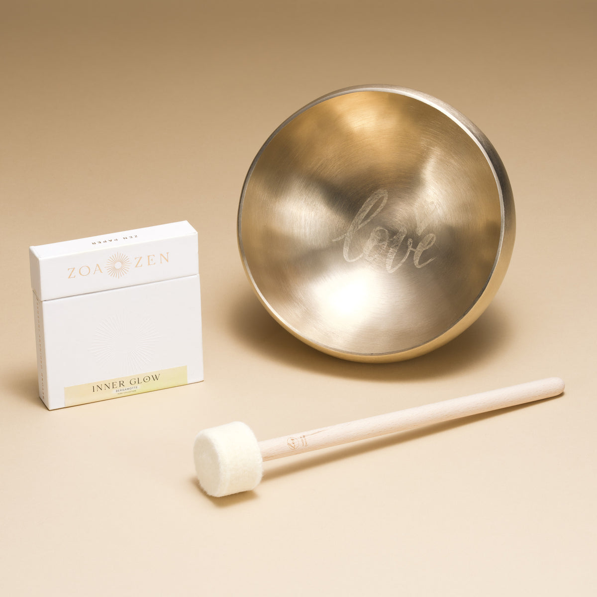 Hess Sound Love singing bowl with ZoaZen Inner Glow incense paper and felt mallet, Set medium